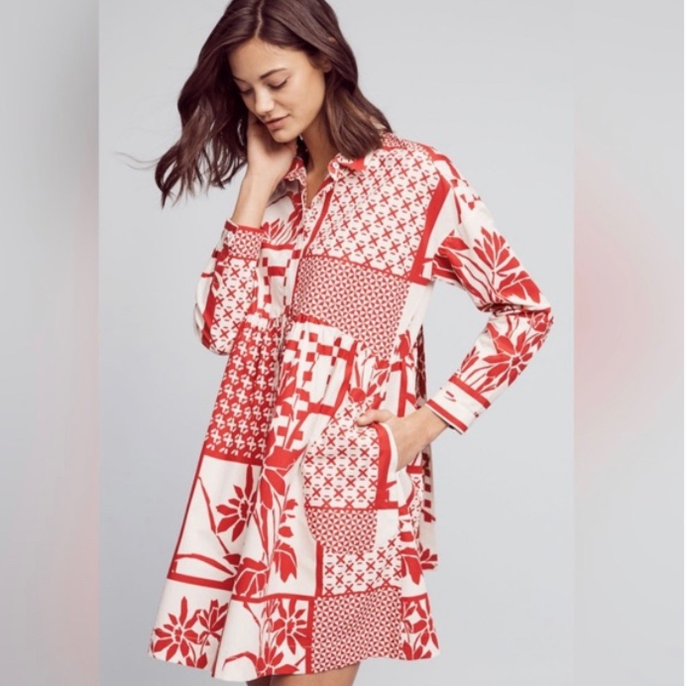 Womens Maeve Printmaker Poplin Dress, Red & White, size M, EUC!